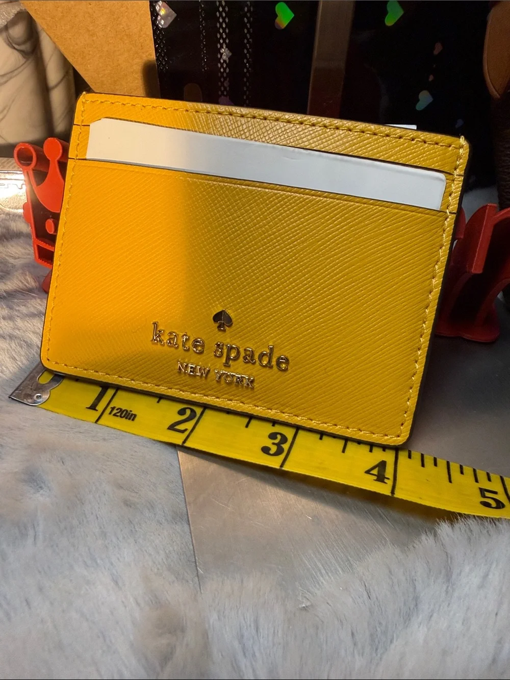 kate spade Bright Yellow Saffiano Leather Card Holder with Gold Logo